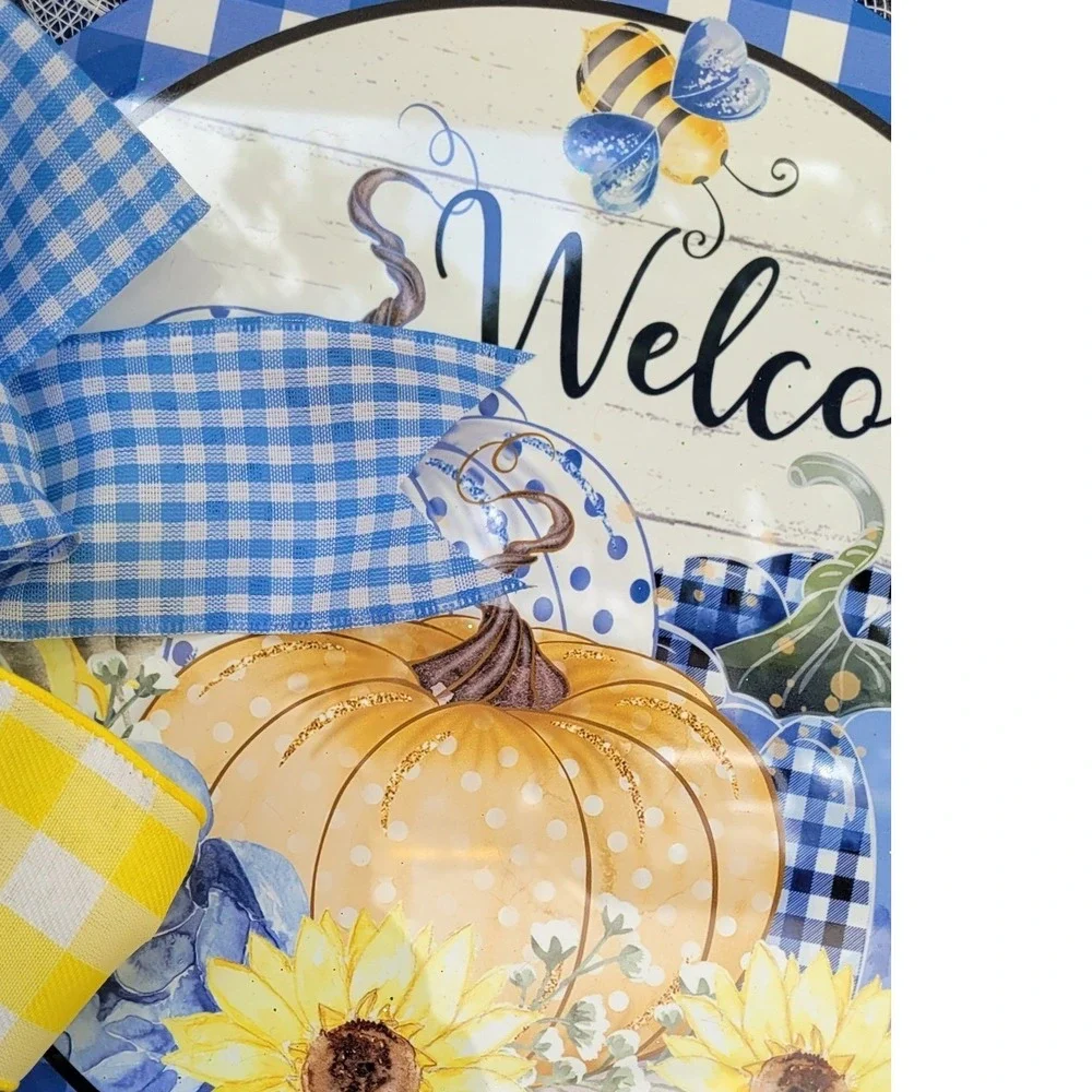 Sunflower Pumpkin Welcome Blue Orange Sunflower Pancake wreath  Holiday decor